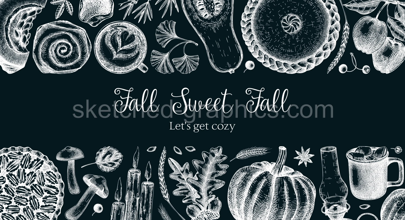 Vintage autumn banner design template. Hand-drawn vector illustration on chalkboard. Pumpkin, hot drink, fruit, pie, pastry, fall leaves sketches. Thanksgiving background  Illustration